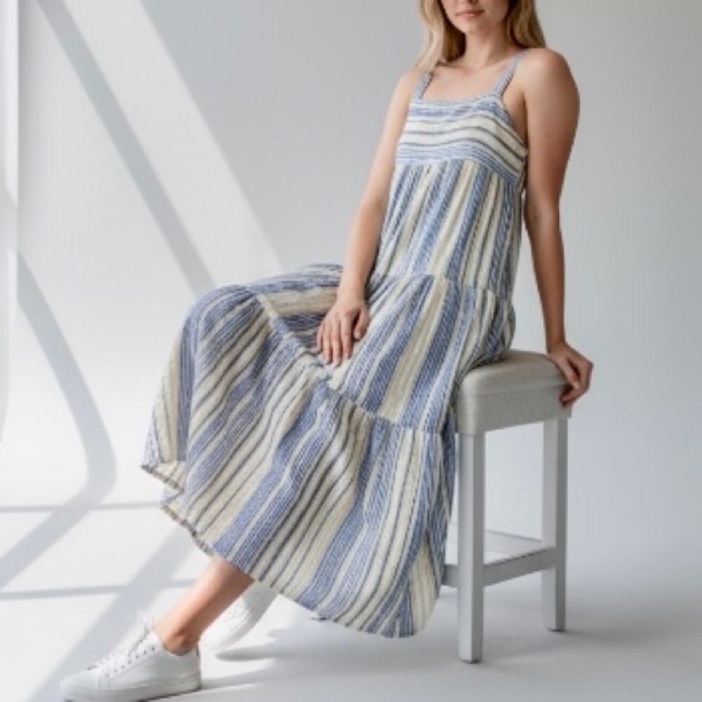SHEIN Women’s Blue and Yellow Vertical Striped Tiered
Boho Maxi Sundress Small - Picture 2 of 9